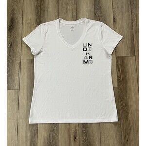 Under Armour White V-Neck Athletic Tee Shirt Women’s Sz Large Loose Fit Logo